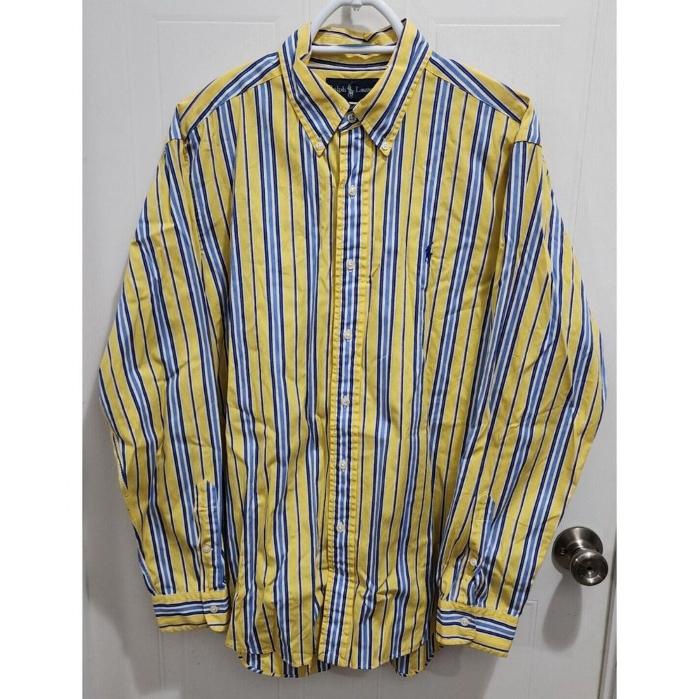 Ralph Lauren Classic Fit Yellow With Blue White Stripe LS Button Down Shirt Sz L